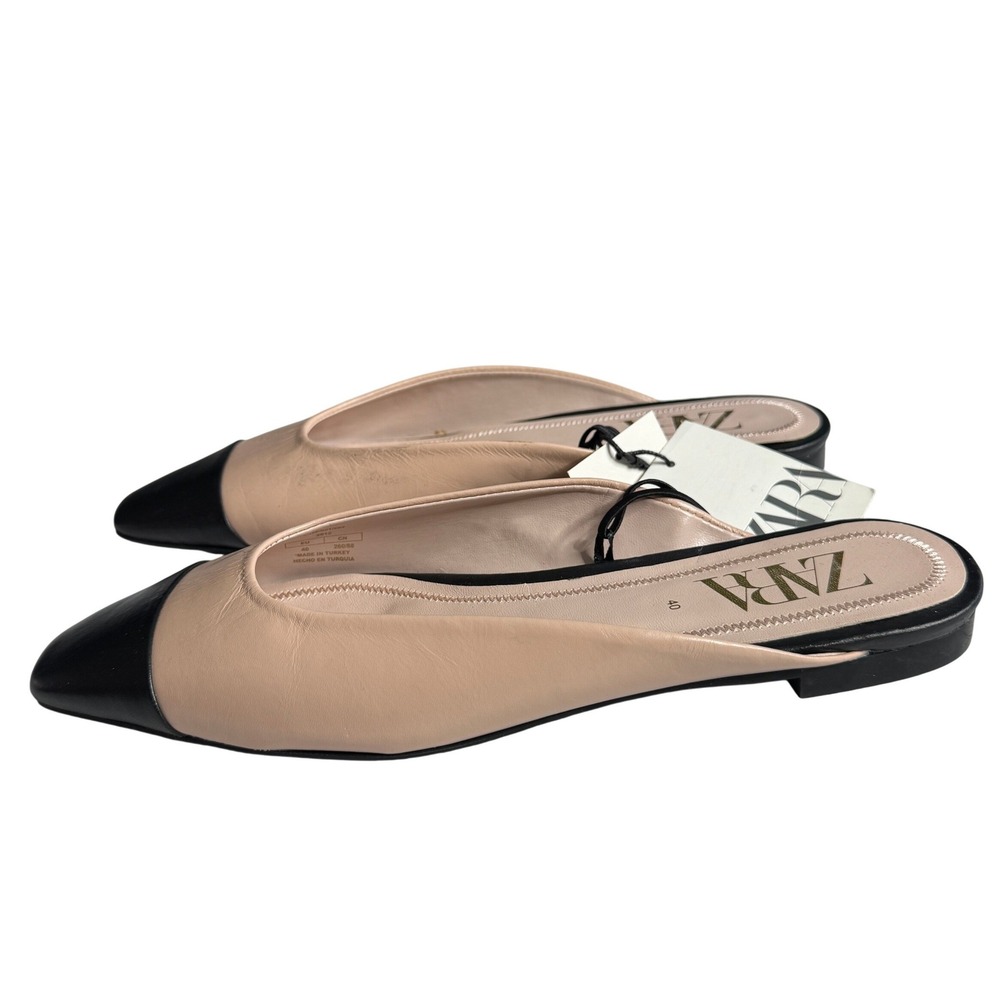 Zara Ballet Flats Leather Mules Nude Black Cap Toe Slip On Shoes Womens 40 9 NEW